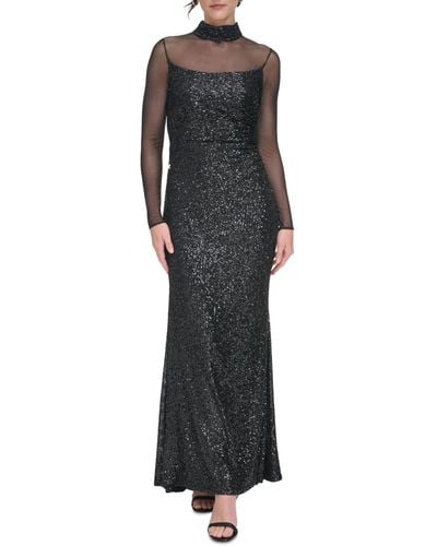 Eliza J Sequin Embellished Mesh Mock Neck Gown - Black