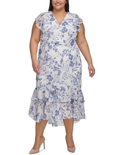 Tommy Hilfiger Plus Size Floral-print Flutter-sleeve Midi Dress - Blue