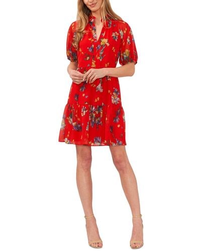 Cece Floral-print Short-sleeve Babydoll Dress - Red