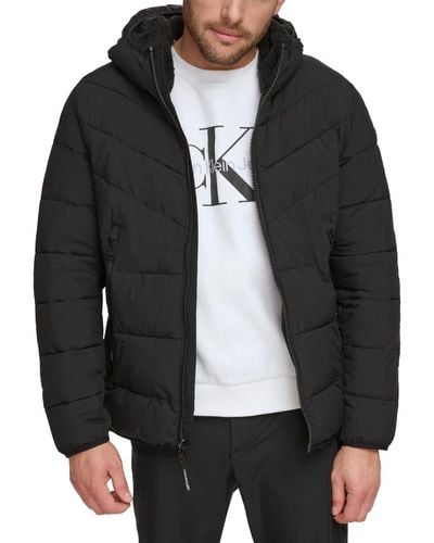 Calvin Klein Chevron Stretch Jacket With Sherpa Lined Hood - Black