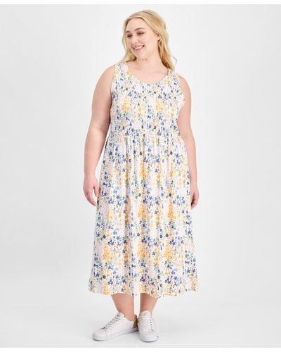Tommy Hilfiger Plus Size Smocked-bodice Floral-print Dress - White