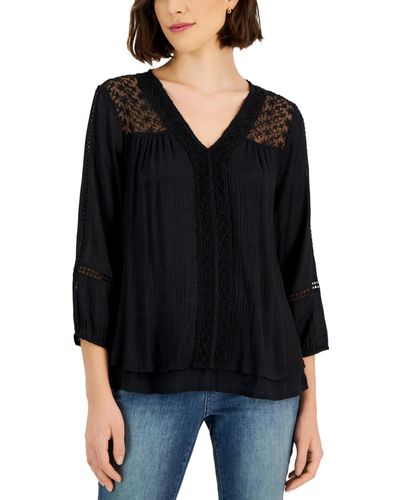 Style & Co. 3/4-sleeve Embroidered Lace Top - Black