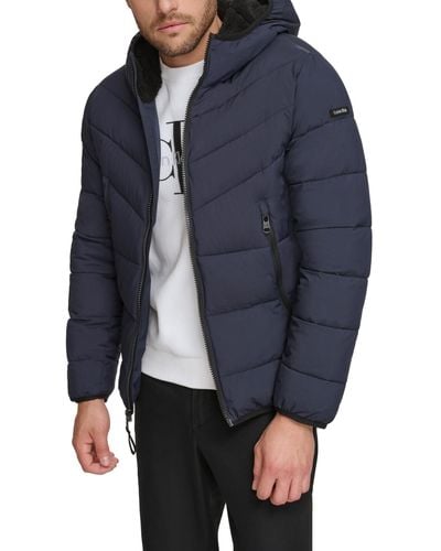 Calvin Klein Chevron Stretch Jacket With Sherpa Lined Hood - Blue