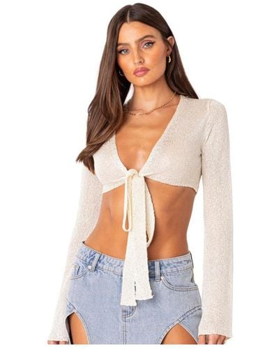 Edikted Micro Sequin Tie Front Knit Crop Top - White