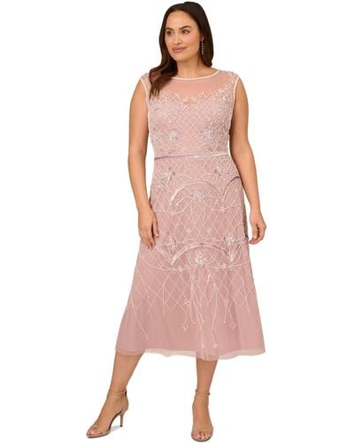 Adrianna Papell Plus Size Boat-neck Cap-sleeve Beaded Dress - Pink