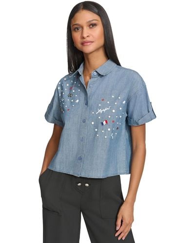 Karl Lagerfeld Embellished Cropped Chambray Top - Blue