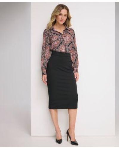 Tommy Hilfiger Printed Collared Long Sleeve Top Ponte Pencil Midi Skirt - Multicolor