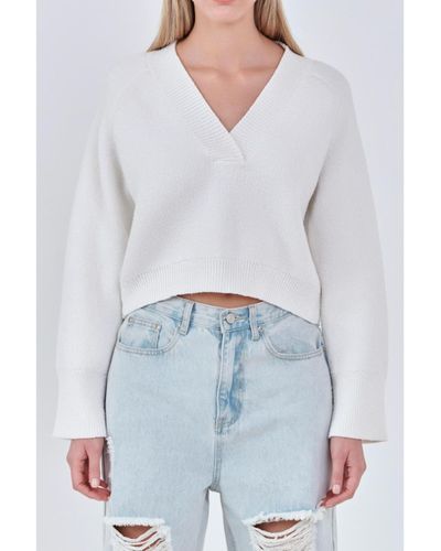 Grey Lab V-neck Cropped Knit Sweater - White