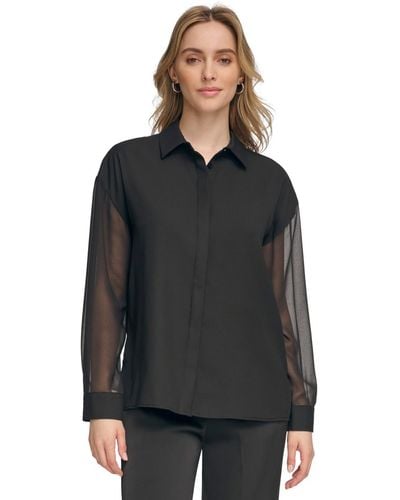 Calvin Klein Chiffon Sleeve Button Down Blouse - Black
