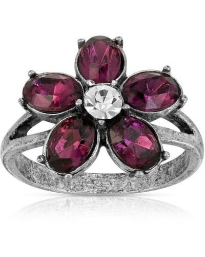 2028 Pewter And Clear Crystal Floral Ring - Purple