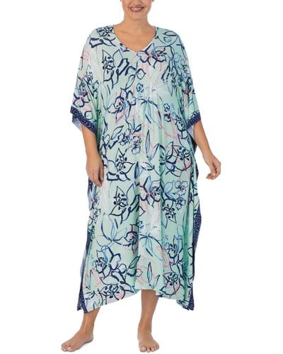 Ellen Tracy Plus Size Printed Caftan Nightgown - Blue