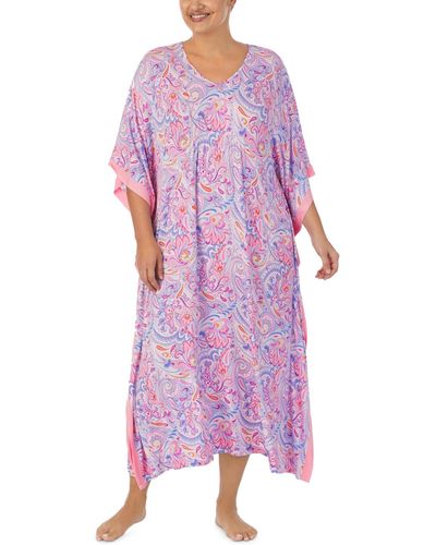 Ellen Tracy Plus Size Printed Caftan Nightgown - Purple