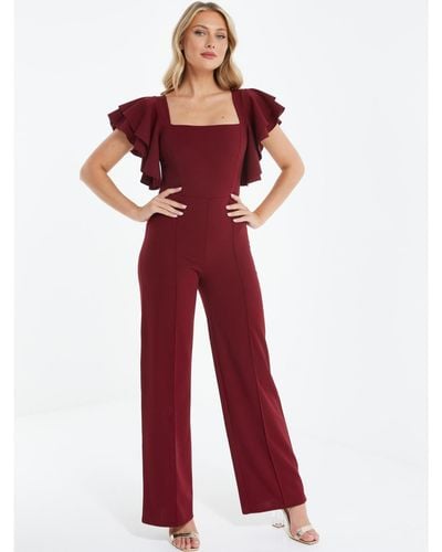 Quiz Square Neck Frill Palazzo Jumpsuit - Red