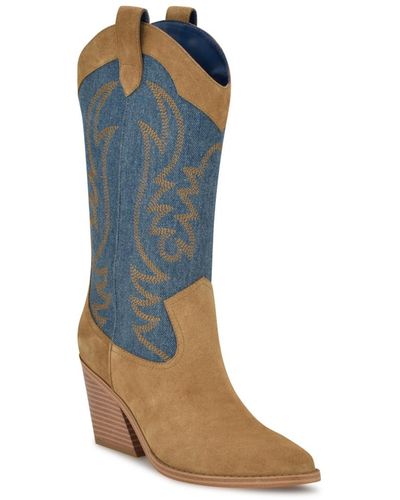 Nine West Keeks Pointy Toe Block Heel Western Boots - Blue