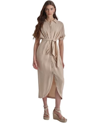 DKNY Collared Short-sleeve Crinkle Shirt Dress - Natural