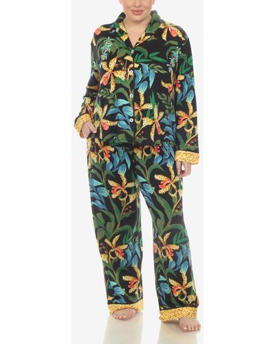 White Mark Plus Size 2 Pc. Wildflower Print Pajama Set - Green