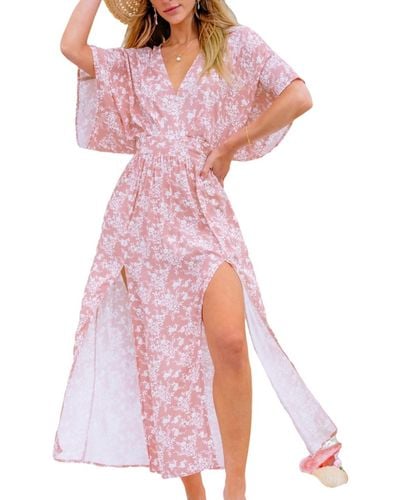 CUPSHE Floral V-neck Dolman Sleeve Maxi Beach Dress - Pink
