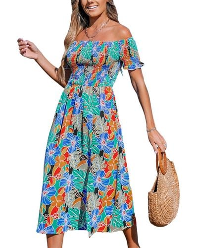 CUPSHE Tropical Bloom Off-shoulder Smocked Maxi Beach Dress - Blue