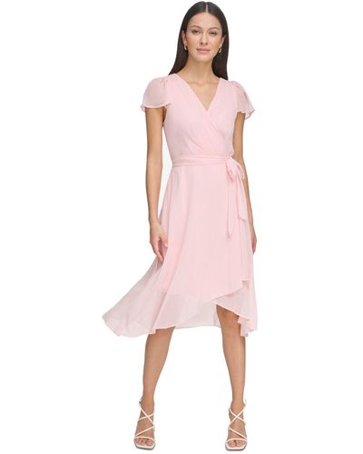 DKNY Chiffon Flutter-sleeve Asymmetric Dress - Pink