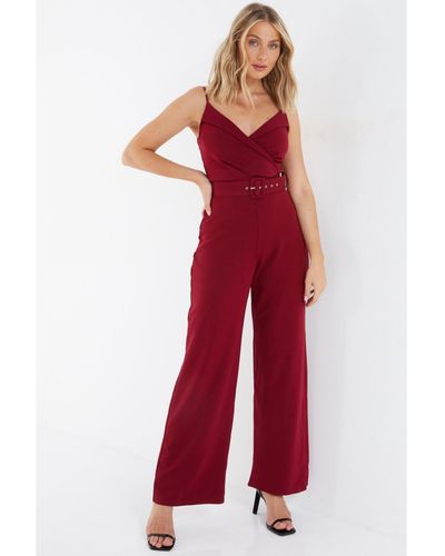 Quiz Scuba Crepe V Neck Belted Palazzo Jumpsuit - Red