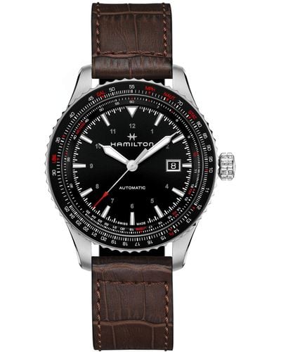 Hamilton Swiss Automatic Khaki Aviation Converter Leather Strap Watch 42mm - Black