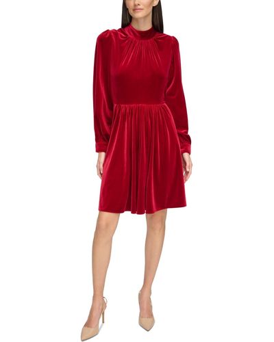 Calvin Klein Velvet Mock-neck A-line Dress - Red