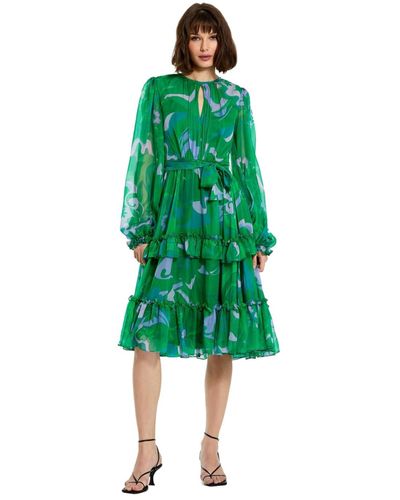 Mac Duggal Printed Chiffon Bishop Sleeve Ruffle Midi Dress - Green