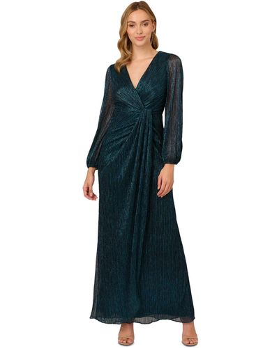 Adrianna Papell Metallic Crinkled Draped Gown - Blue