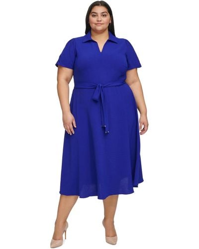 DKNY Plus Size Tie-waist Point Collar A-line Dress - Blue