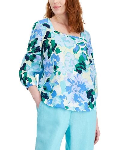 Charter Club 100% Linen Printed Square-neck Top - Blue