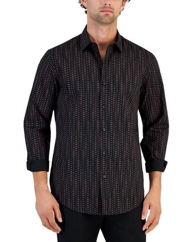 Alfani Round Geometric Print Long-sleeve Button-up Shirt - Black