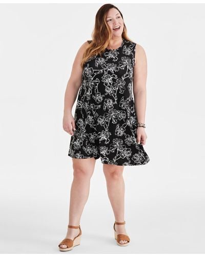 Style & Co. Plus Size Printed Sleeveless Flip Flop Dress - Black