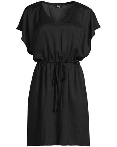 Lands' End Sheer Over D Short Sleeve Gathered Waist Swim Cover-up Dress - Black