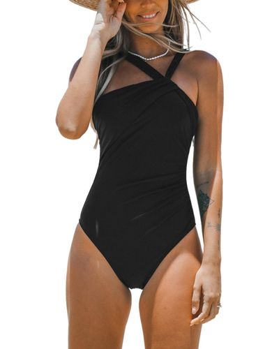 CUPSHE Brazilian Obsession Asymmetrical Neck Tummy Control One Piece Swimsuit - Black