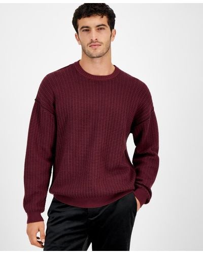 Guess Two Tone Crewneck Long Sleeve Waffle Knit Sweater - Red