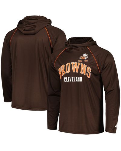 Starter Distressed Cleveland Gridiron Classics Throwback Raglan Long Sleeve Hooded T-shirt - Brown