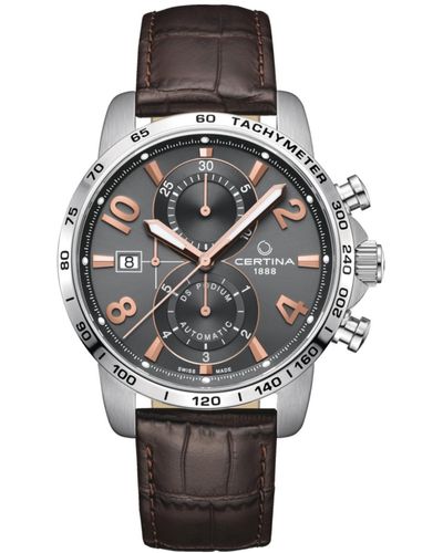Certina Swiss Automatic Chronograph Ds Podium Brown Leather Strap Watch 44mm - Gray
