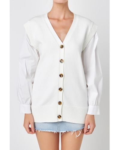 English Factory Knit And Poplin Combo Cardigan - White