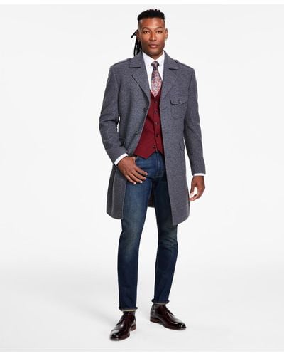 Tayion Collection Classic-fit Plaid Self Belted Wool Blend Overcoats - Blue