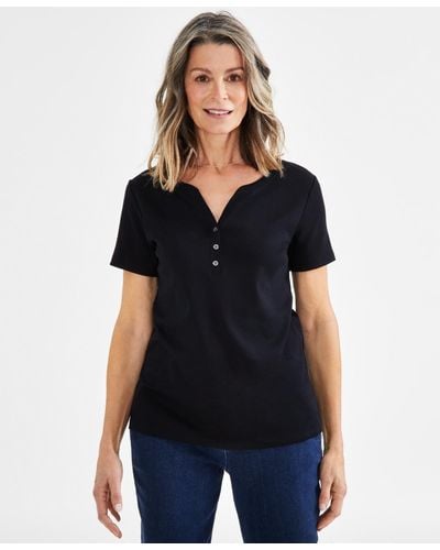 Style & Co. Petite Cotton Henley Short-sleeve T-shirt - Black