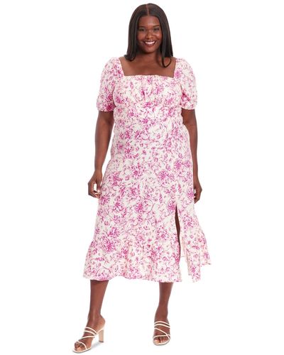 London Times Plus Size Printed Puff-sleeve Maxi Dress - Pink