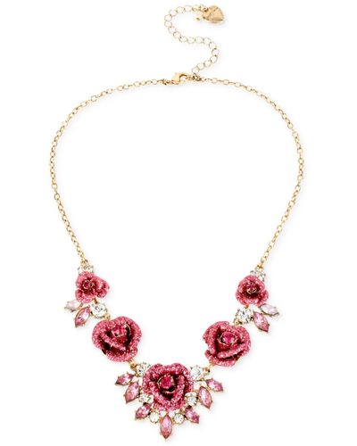 Betsey Johnson Gold-tone Glitter Rose Frontal Necklace - Pink