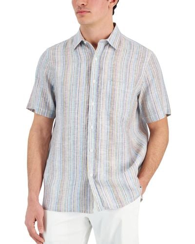 Club Room Chroma Vertical Stripe Short-sleeve Button-front Linen Shirt - White