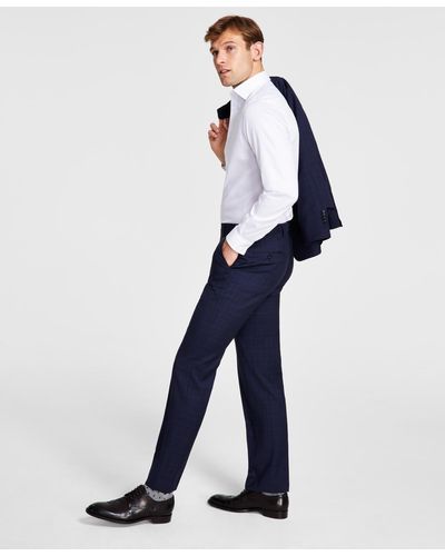 Michael Kors Tonal Plaid Classic-fit Wool Stretch Suit Separate Pants - Blue