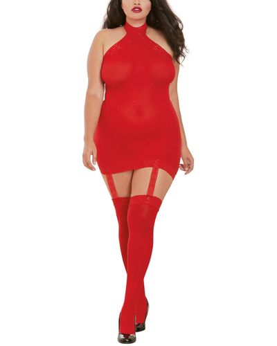 Dreamgirl Plus Size Sheer Halter Garter Dress - Red
