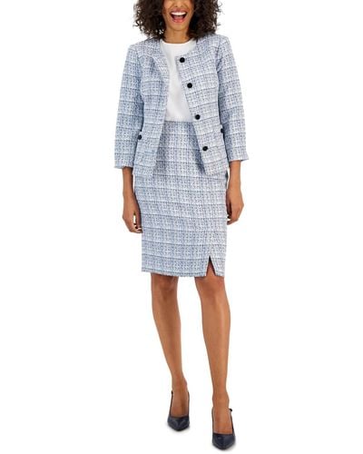 Nipon Boutique Tweed Button-front Jacket & Pencil Skirt Suit - Blue