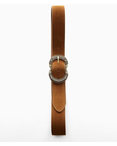 Mango Engraved Buckle Leather Belt - Brown