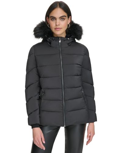 Calvin Klein Stretch Faux-fur-trim Hooded Puffer Coat - Black