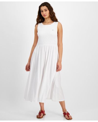 Tommy Hilfiger Smocked-bodice Sleeveless Midi Dress - White