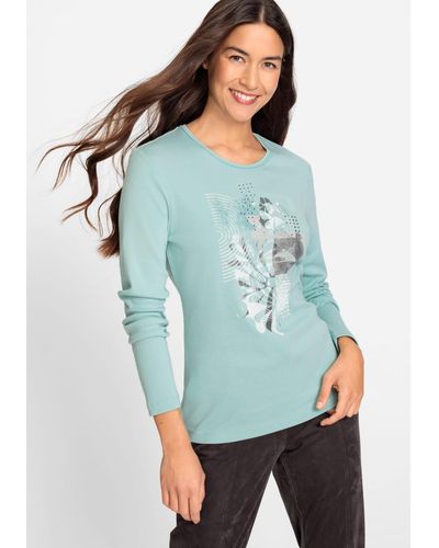 Olsen 100% Cotton Long Sleeve Embellished Placement Print T-shirt - Blue